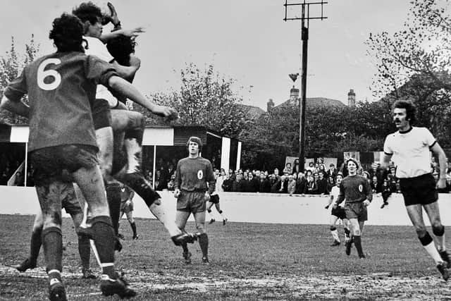 Alan Harris, second right, in action for Telford in a second round FA Cup tie v Hednesford in 1976. Geoff Hurst is pictured centre.