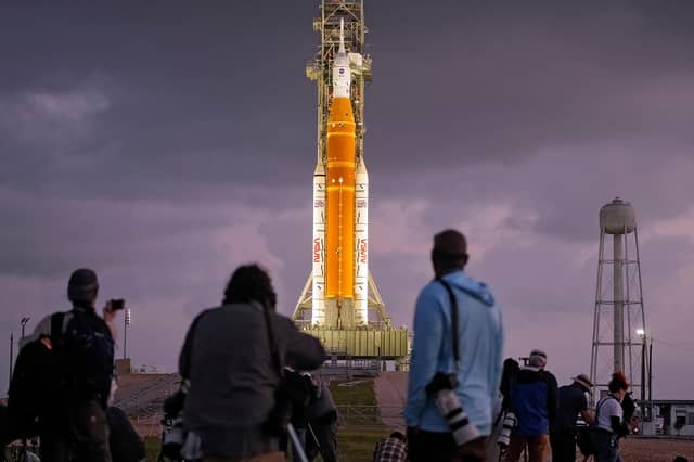 NASA's Artemis II moon rocket on Launch Pad 39-B just before sunrise at the Kennedy Space Center