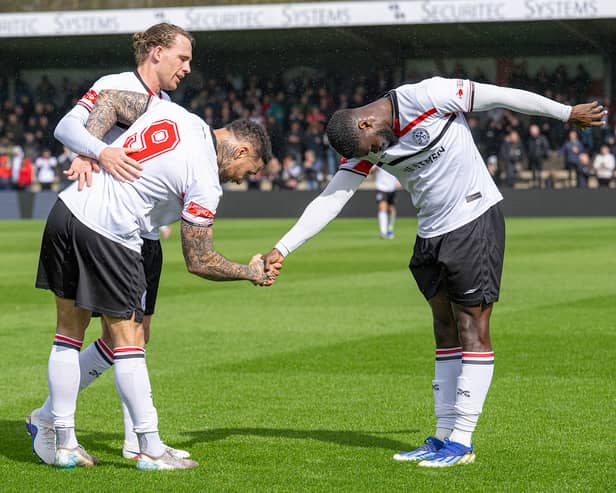 Montel Gibson celebrates his goal with Ahkeem Rose (Picture: Jim Wall)