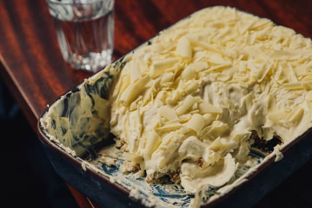 Granny's white chocolate cheesecake at Blacklock chophouse restaurant in Birmingham