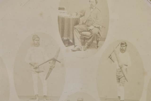 Legendary 19th-century all-rounder Johnny Mullagh is pictured centre with Bullocky below and Dick-a-Dick, Cuzens and Twopenny in a vertical row to the left.
