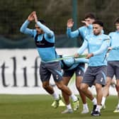 WALSALL, ENGLAND - APRIL 15: Karlan Grant of West Bromwich Albion and Tammer Bany of West Bromwich Albion partake in a resistance band exercise during a first team training session at West Bromwich Albion Training Ground on April 15, 2026 in Walsall, England.  (Photo by Adam Fradgley/West Bromwich Albion FC via Getty Images)