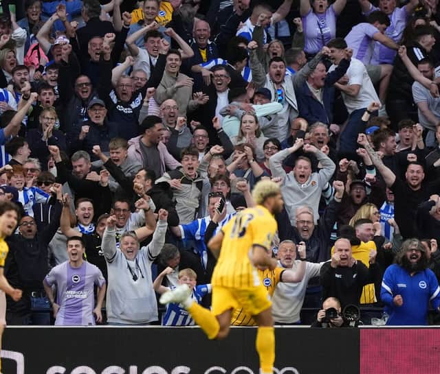 Brighton and Hove Albion's Georginio Rutter celebrates scoring their late equaliser at Tottenham Hotspur