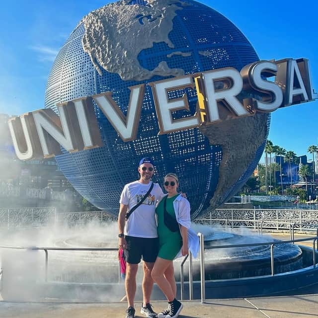 Darren Whitley and Jess Roberts on holiday at Universal Studios in 2023.