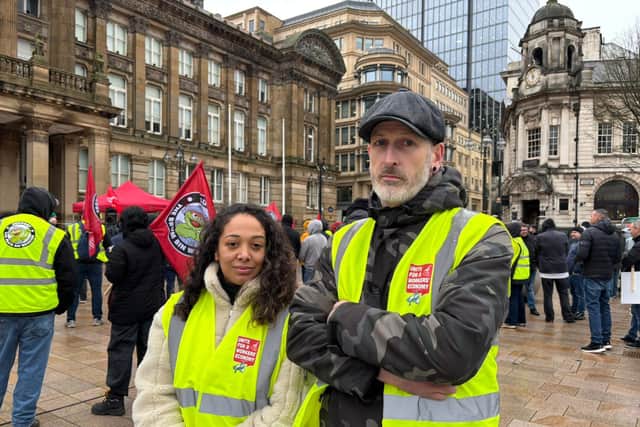 Claire Peden and Michael Agboh-Davison from Unite at the Birmingham bins strike rally on January 27