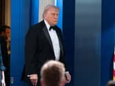 President Donald Trump arrives to speak to the media in the James Brady Press Briefing Room at the White House after the incident at the annual White House Correspondents’ Association Dinner in Washington