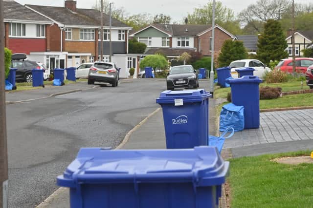 Blue bins in Sedgley waiting to be collected