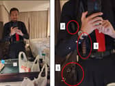 An image contained in a court filing which shows Cole Tomas Allen, left, inside his hotel room on Saturday April 25 2026 in Washington