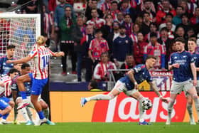 A shot from Atletico Madrid’s Marcos Llorente hits the hand of Arsenal’s Ben White