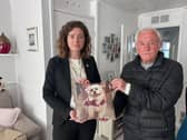 West Bromwich MP Sarah Coombes and Terry York with rescue dog Otis, who suffered fatal injuries in an attack by a rottweiler