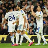 Leeds' Noah Okafor, right, celebrates with team-mates after scoring against Burnley