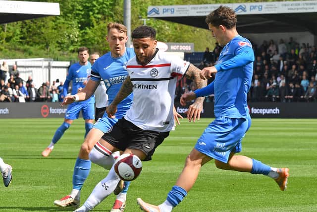 Montel Gibson for Hednesford Town during their recent play-off final win
