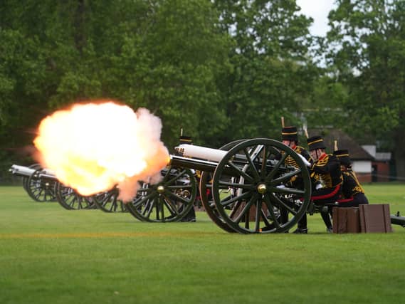 Members of the King’s Troop Royal Horse Artillery fire a 41-gun royal salute in Hyde Park, London, to mark the third anniversary of the coronation of the King and Queen
