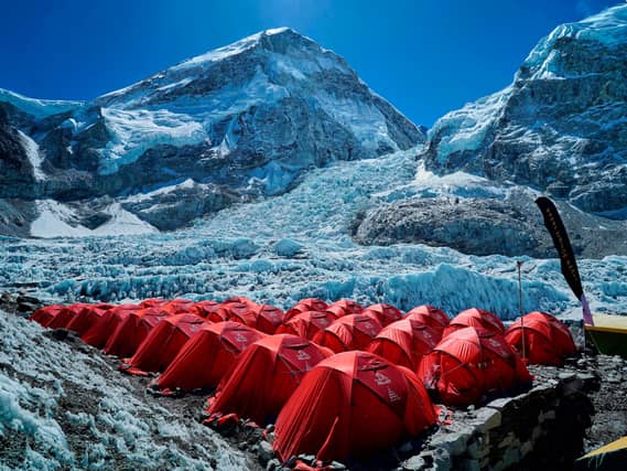 Khumbu Icefall between two peaks in the background at the Everest Base Camp