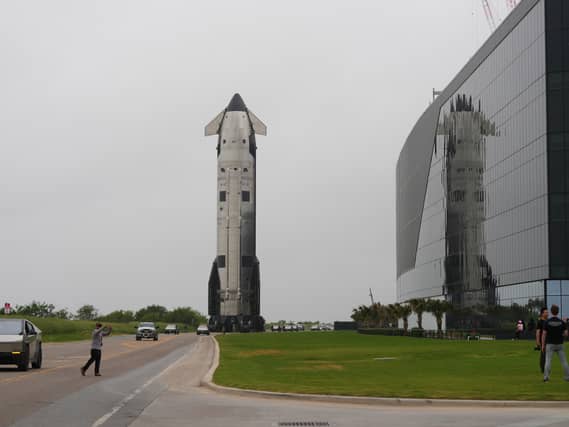 The latest version of SpaceX’s mega rocket Starship is rolled out to the launch pad in preparation for a test flight in Starbase, Texas