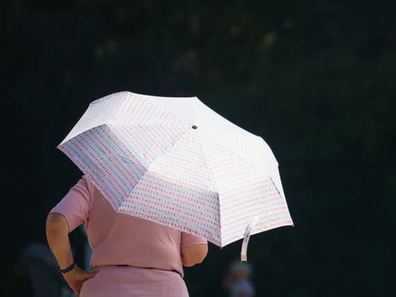 A woman shades herself with an umbrella in Greenwich Park, London