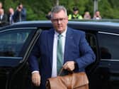 Sir Jeffrey Donaldson arrives at Newry Crown Court
