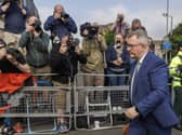 Sir Jeffrey Donaldson arrives at Newry Crown Court