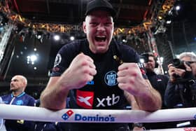 Tyson Fury celebrates his win over Arslanbek Makhmudov