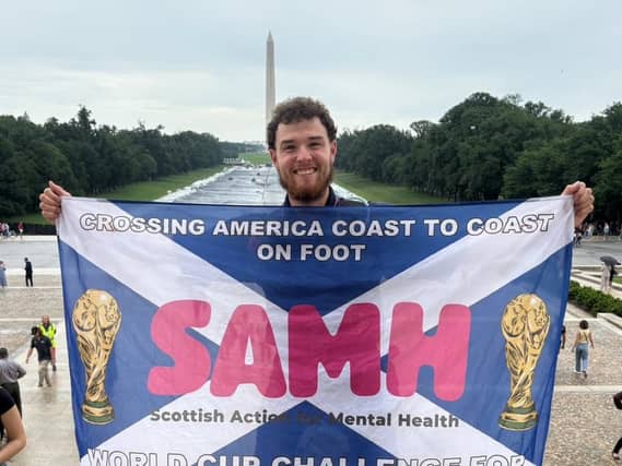 Craig Ferguson holding a saltire in Washington DC