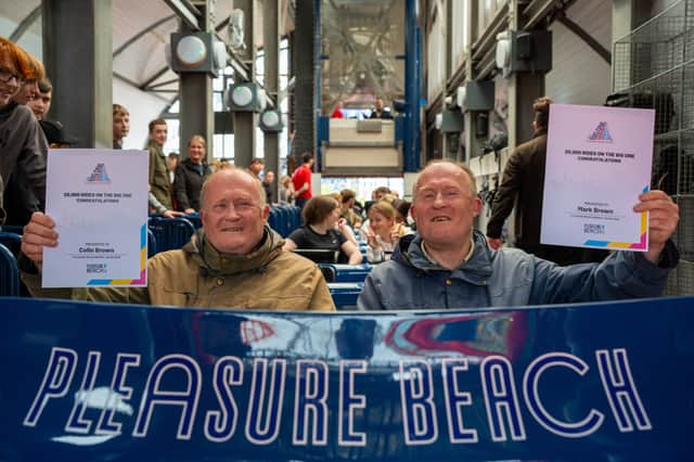Mark and Colin Brown, 63, ride the Big One at Blackpool Pleasure Beach after completing 20,000 rides on the rollercoaster.
