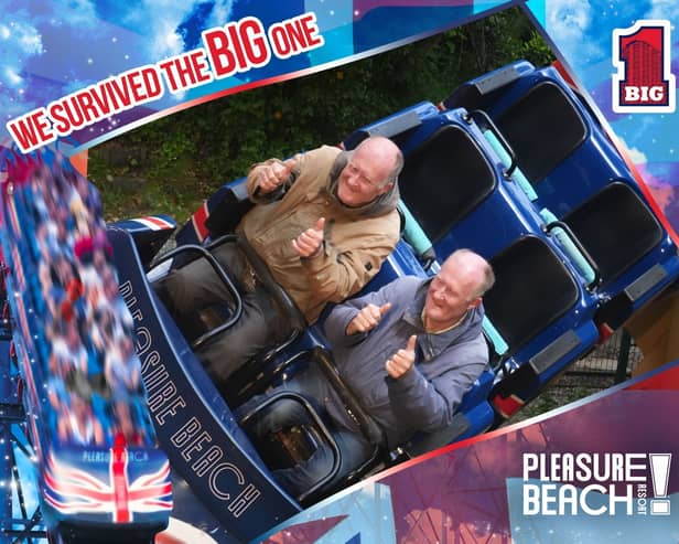 Mark and Colin Brown, 63, ride the Big One at Blackpool Pleasure Beach after completing 20,000 rides on the rollercoaster. // Delighted twin brothers have set a British record - by riding on the UK's tallest rollercoaster 20,000 times. 