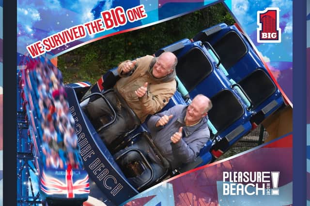 Mark and Colin Brown, 63, ride the Big One at Blackpool Pleasure Beach after completing 20,000 rides on the rollercoaster. // Delighted twin brothers have set a British record - by riding on the UK's tallest rollercoaster 20,000 times.