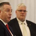 Education Minister Paul Givan and DUP leader Gavin Robinson MP speaking to the media about the proposed Education Inspections Bill in the Great Hall at Parliament Buildings, Stormont