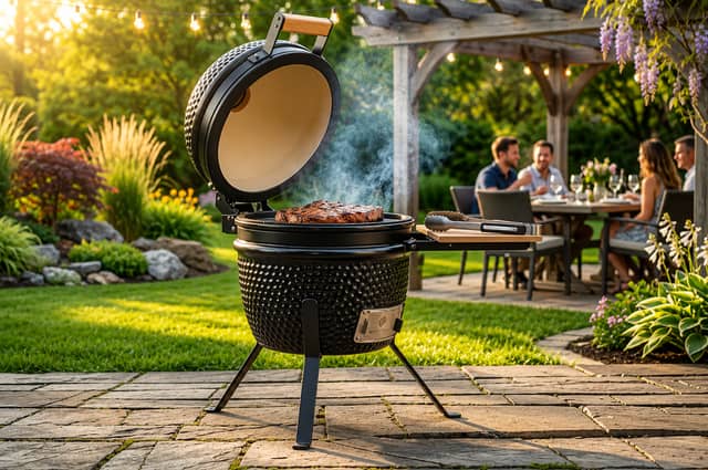 The compact ceramic BBQ is designed to deliver smoky charcoal cooking in gardens, patios and campsites