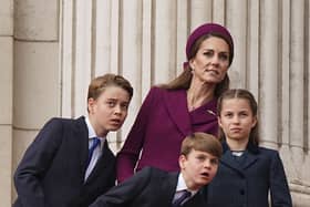 Prince George, Prince Louis, the Princess of Wales and Princess Charlotte on the balcony of Buckingham Palace, London, to view the flypast featuring the Royal Air Force’s Red Arrows and current and historic military aircraft, at the end of the military procession marking the 80th anniversary of VE Day, and in honour of those who served during the Second World War