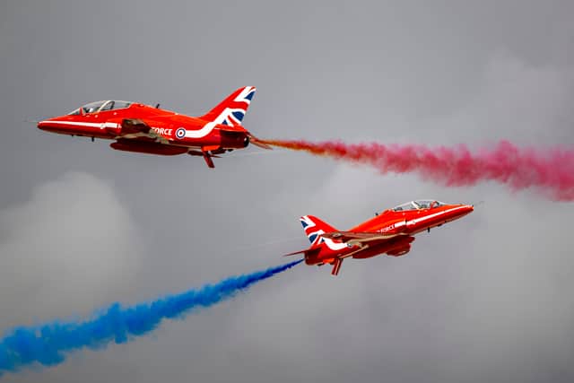 The Red Arrows perform at RAF Fairford during the Royal Military Air Tattoo on 15 July 2023 in Fairford, England.