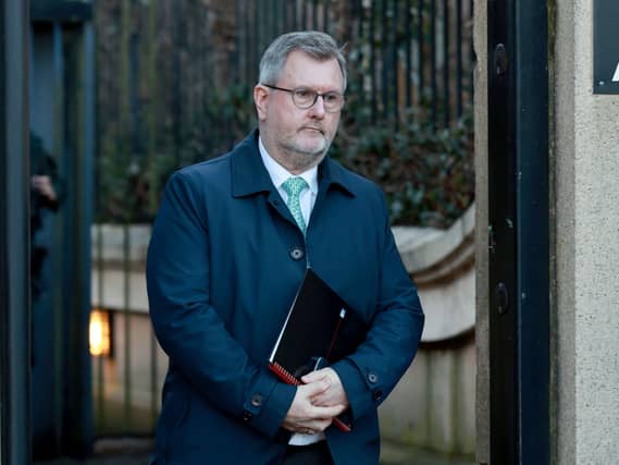 Sir Jeffrey Donaldson leaves Newry Crown Court at a previous hearing