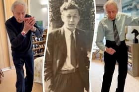 Bernard Gilbert as a young man (C) and dancing at Fernhill House Care Home in Worcester (L&R).  //  A 100-year-old man from Worcestershire has gone viral for his dance videos, with more than 1.5m views on social media