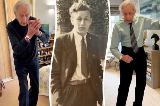 Bernard Gilbert as a young man (C) and dancing at Fernhill House Care Home in Worcester (L&R). // A 100-year-old man from Worcestershire has gone viral for his dance videos, with more than 1.5m views on social media