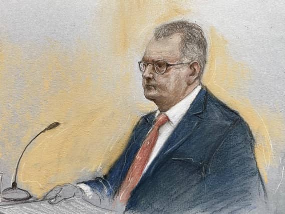 Court artist drawing of Sir Jeffrey Donaldson in the witness box at Newry Crown Court