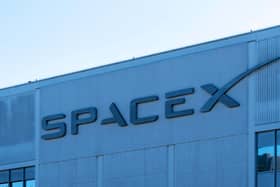 Close up of SpaceX sign on the building in Hawthorne, California.