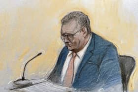 A court artist's sketch of Sir Jeffrey Donaldson in the witness box at Newry Crown Court