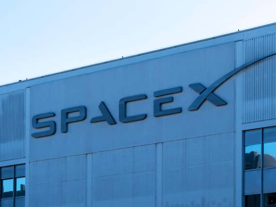 Close up of SpaceX sign on the building in Hawthorne, California.