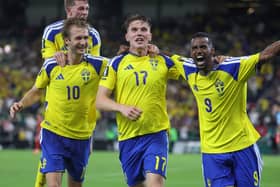 Alexander Bernhardsson, Benjamin Nygren (10) and Alexander Isak (9) celebrate with Viktor Gyokeres (17) after he scored to put Sweden up 3-1