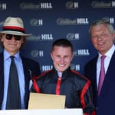 George Waud (left) with Tom Marquand and William Haggas at Lingfield