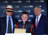 George Waud (left) with Tom Marquand and William Haggas at Lingfield