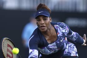 Serena Williams hits a forehand volley