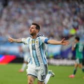 Argentina’s Lionel Messi celebrates after scoring the opening goal (Ed Zurga/AP)