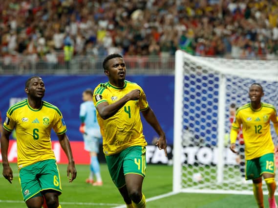 South Africa’s Teboho Mokoena (centre) celebrates after scoring a penalty at the 2026 World Cup