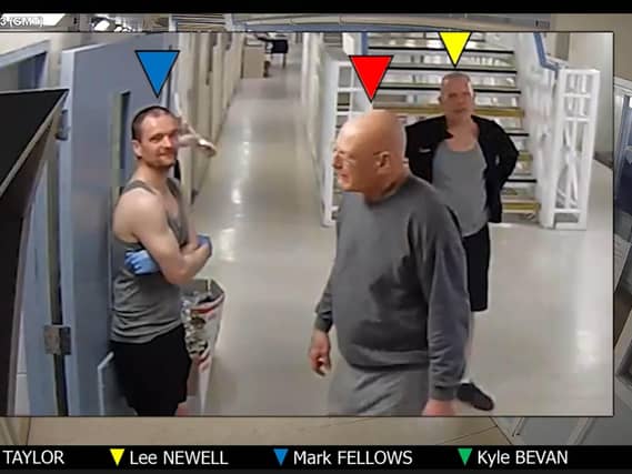 A CCTV grab showing the movement of Mark Fellows, Lee Newell and David Taylor at HMP Wakefield
