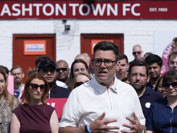 Andy Burnham at Ashton Town FC in Ashton-in-Makerfield, making a speech in front of supporters after winning the Makerfield by-election
