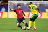 Ladislav Krejci of Czechia competes for the ball against Kamogelo Sebelebele of South Africa during the FIFA World Cup 2026 Group A match between Czechia and South Africa at Atlanta Stadium on June 18, 2026 in Atlanta, Georgia. (Photo by Alex Slitz/Getty Images)