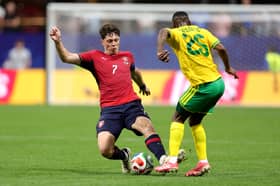 Ladislav Krejci of Czechia competes for the ball against Kamogelo Sebelebele of South Africa during the FIFA World Cup 2026 Group A match between Czechia and South Africa at Atlanta Stadium on June 18, 2026 in Atlanta, Georgia. (Photo by Alex Slitz/Getty Images)