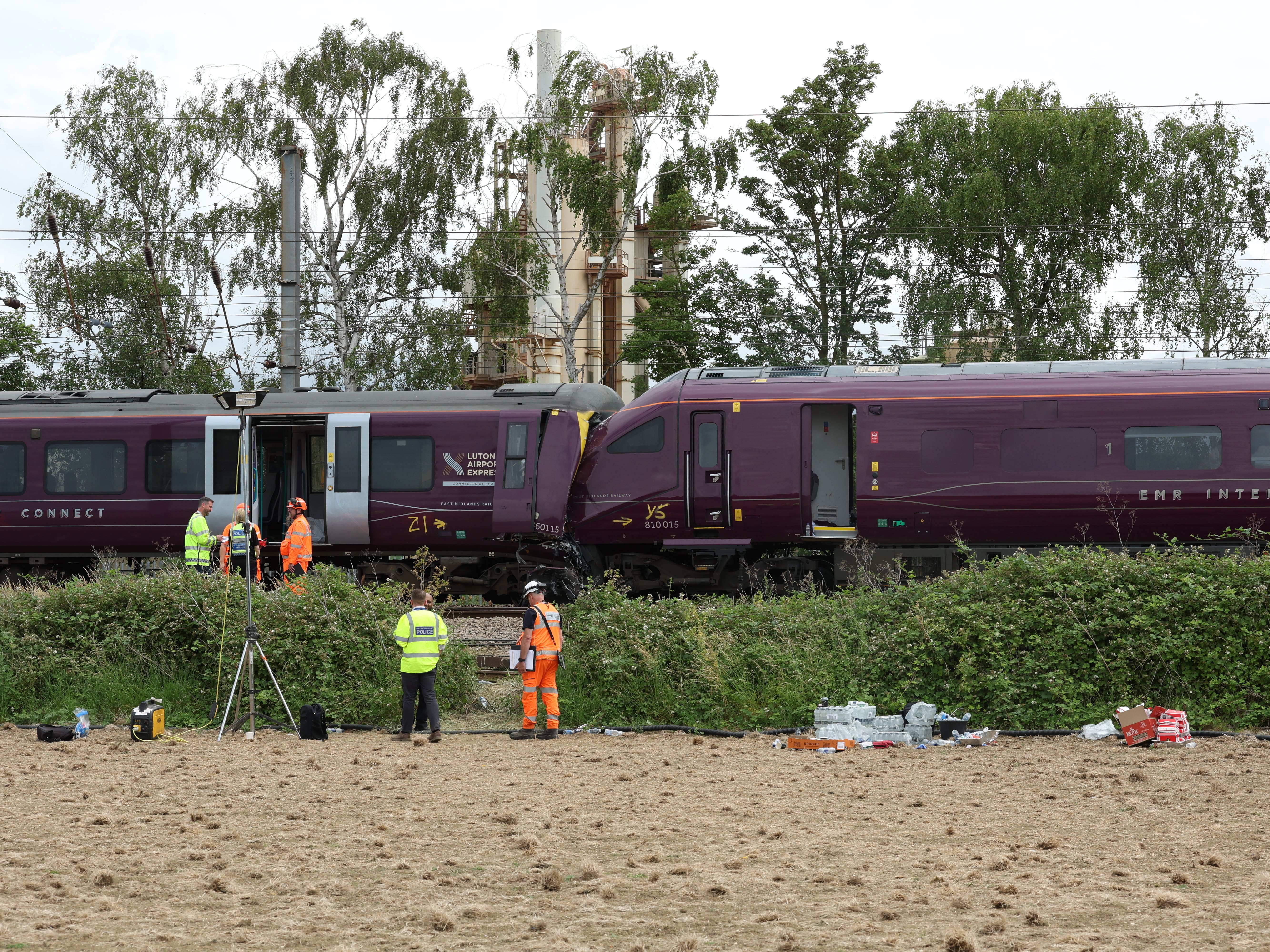 The scene just south of the Elstow interchange between the A421 and the A6 in Bedford South after two East Midlands Railway trains were involved in a collision
