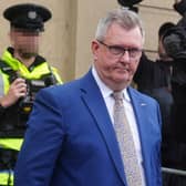 Sir Jeffrey Donaldson leaving Newry Crown Court